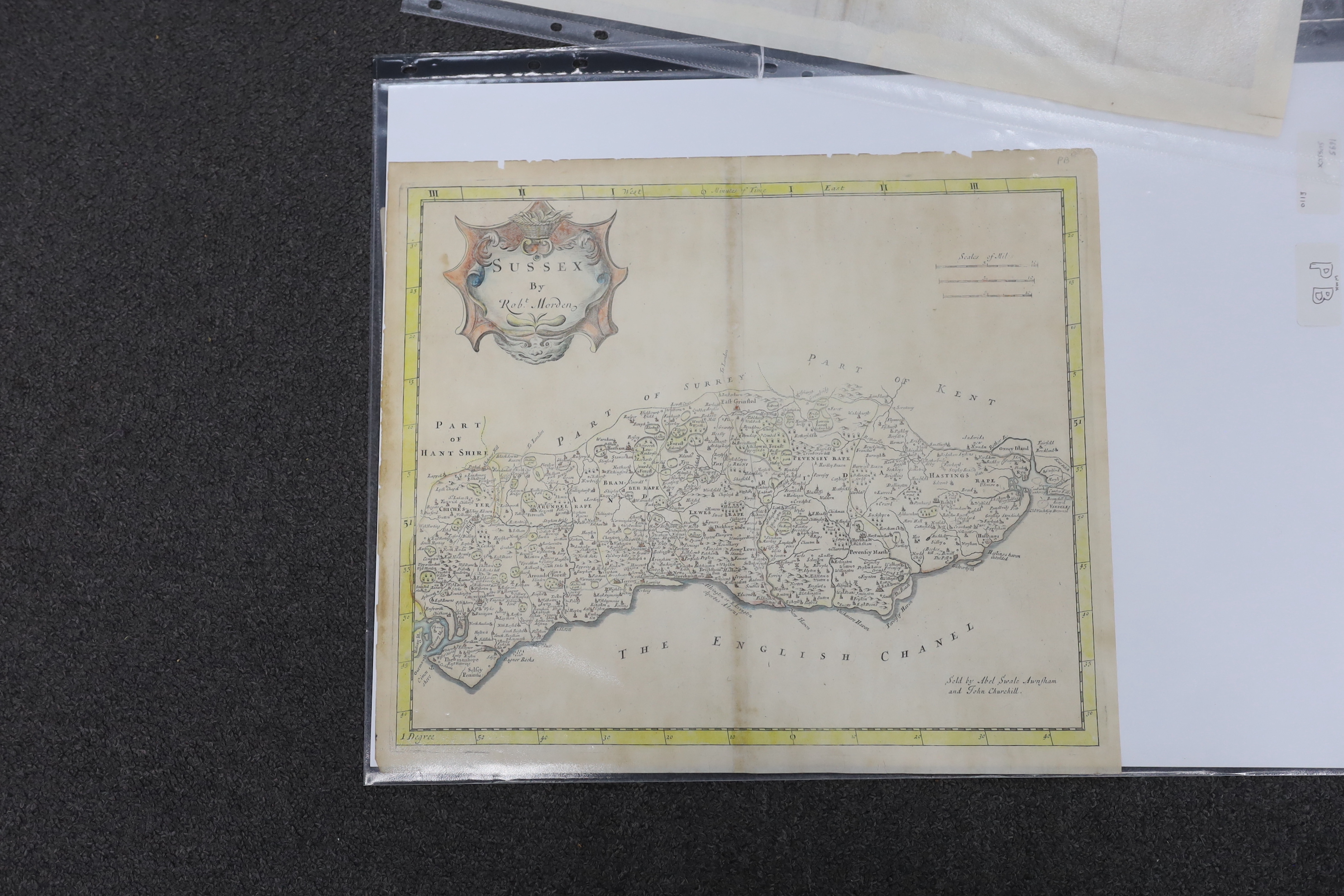Three unframed 17th century maps of Sussex; Jan Jansson, 40 x 53cm, Robert Morden, 37 x 43cm and Norden & Kip, 29 x 45cm